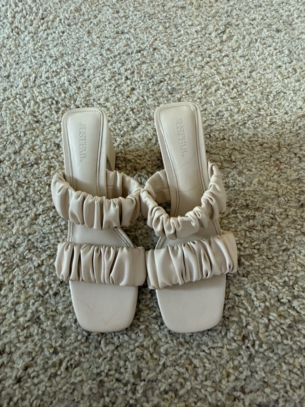 JustFab Neutral Ruched Double-Strap Heeled Sandals